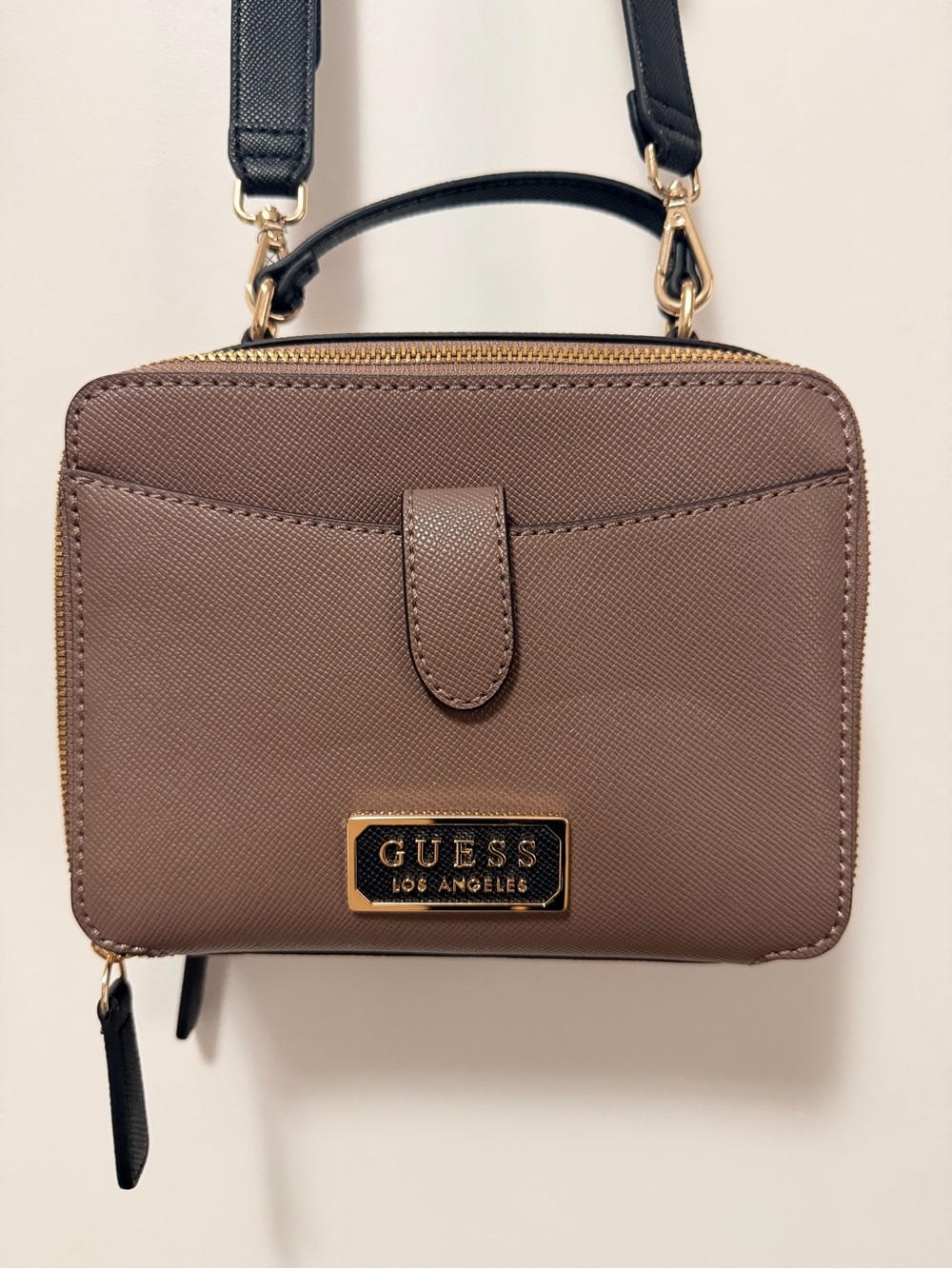 GUESS Taupe-Brown Crossbody Top-Handle Bag with Gold Hardware